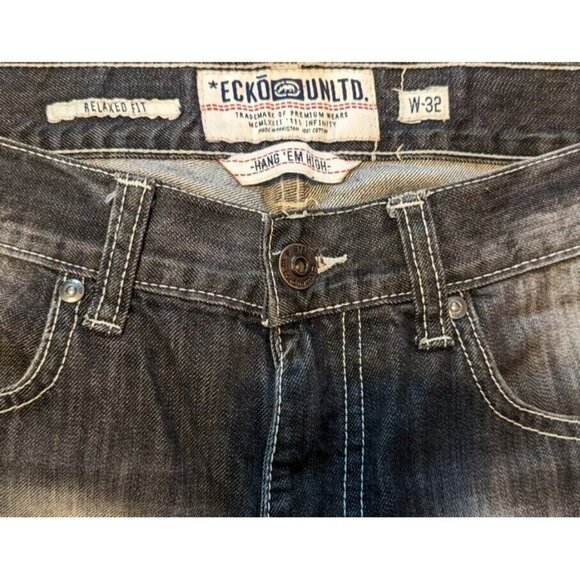 Ecko Unlimited Jeans Mens Size 32x32 Hang 'Em High Relaxed Fit Faded Dark Denim - Picture 6 of 8